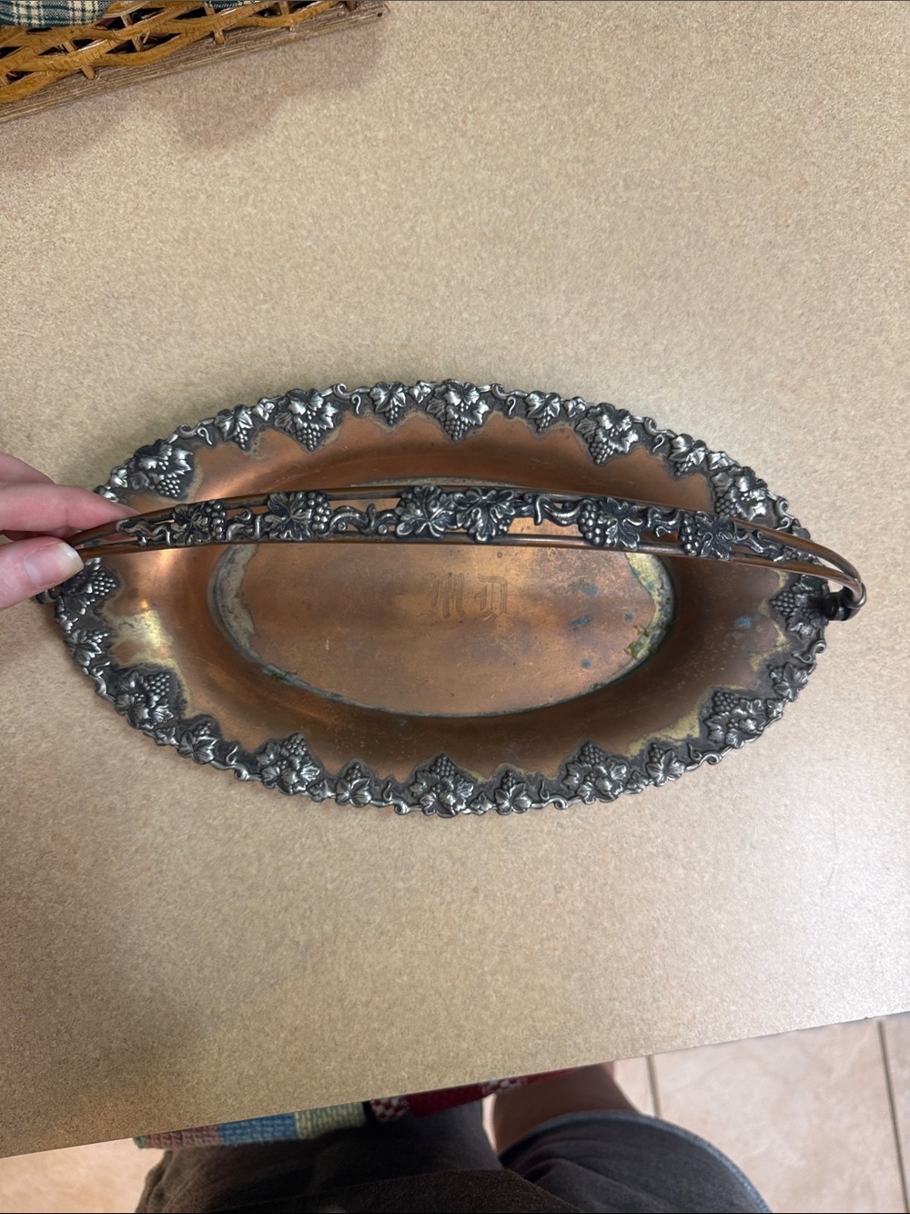 Sheffield Ornate Copper-Tone Grape Motif Handled Serving Basket